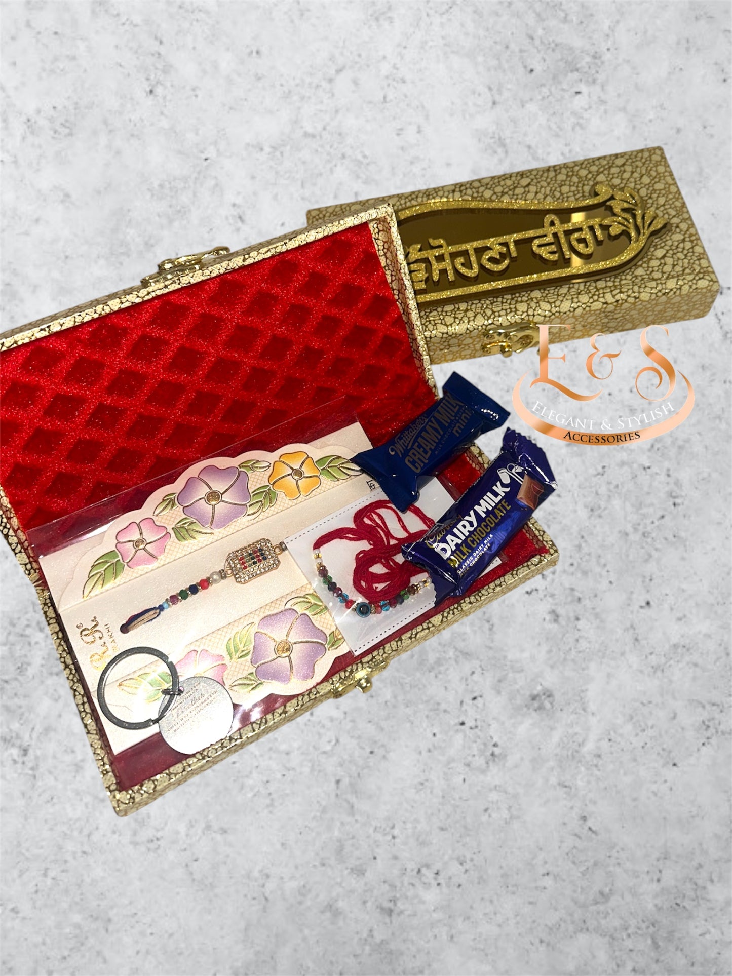 premium Box for brother - Includes ( Assorted Rakhi & Thread, Key Chain, chocolates)