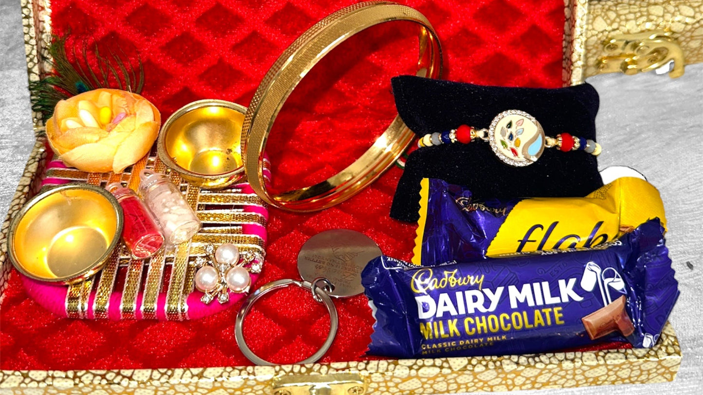 Premium Velvet Hamper box for brother - Includes ( Assorted Rakhi, Key chain, chocolates, Gold Plated Kada & roli chawal Trey)) Hamper Box 7