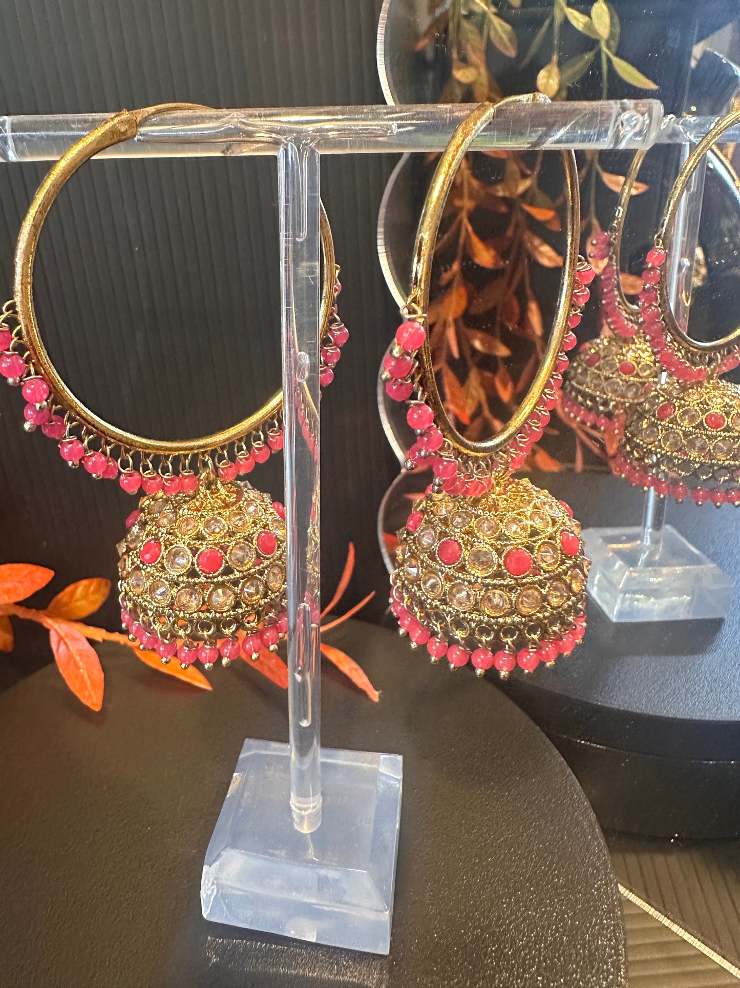 Polki Jhumki - Hot Pink