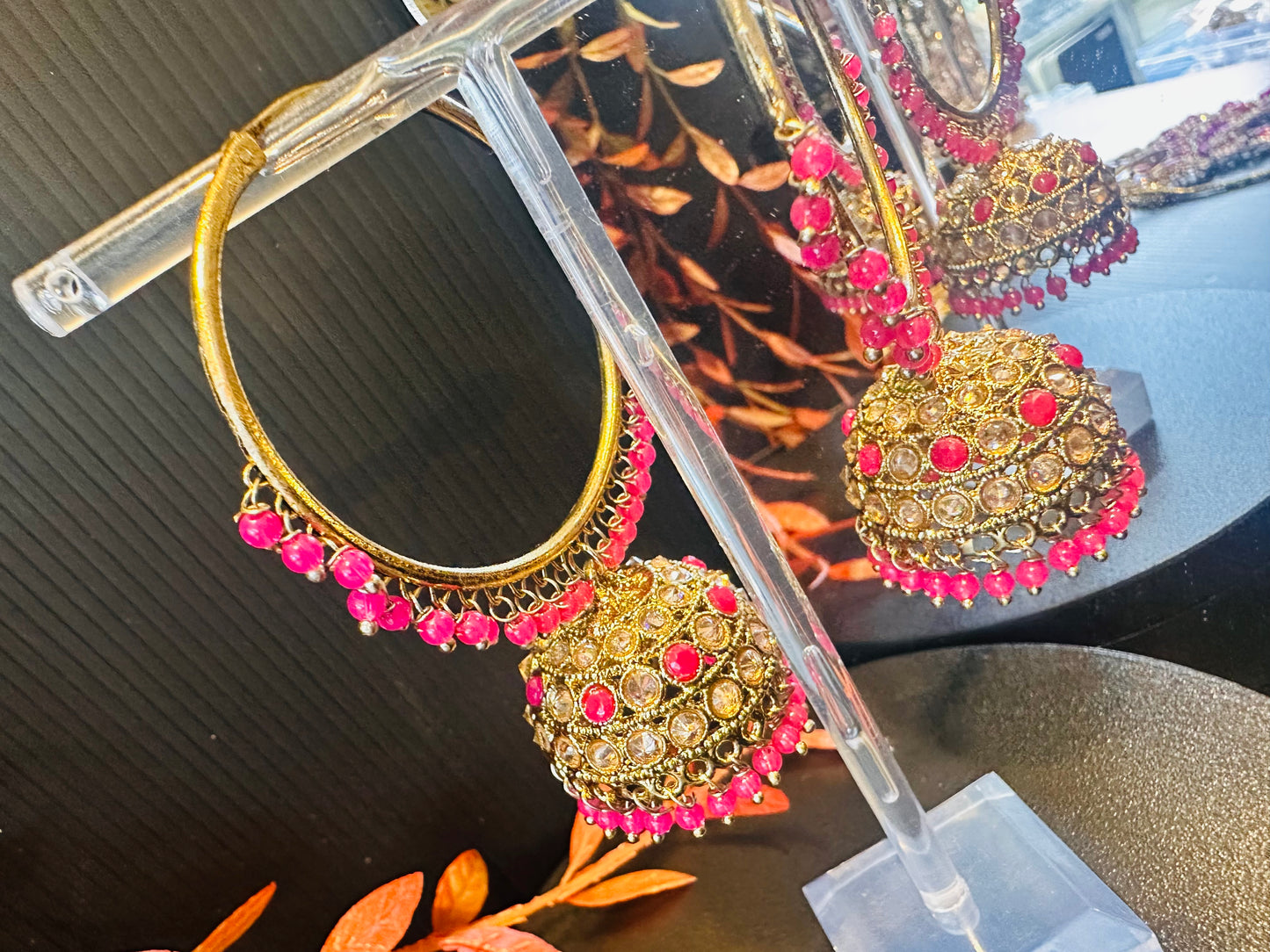 Polki Jhumki - Hot Pink
