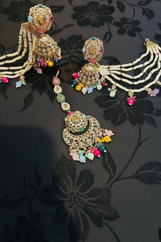 Multi Tikka Set with Jhumki and detachable saharas